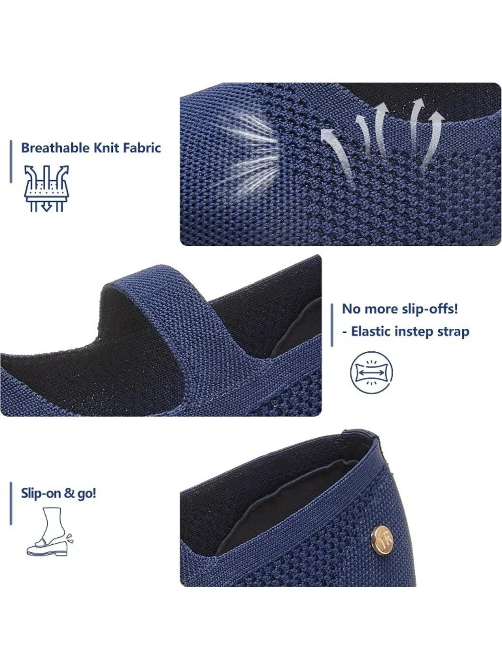 Women's Knit Blue Micro Fiber Comfortable Round Toe Flats Slip on Casual Shoes